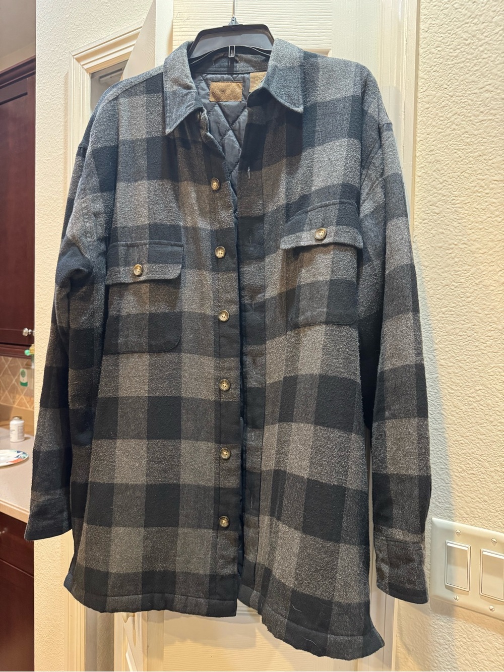 St. John's Bay Gray and Black Plaid Quilted-Lined Shacket Large